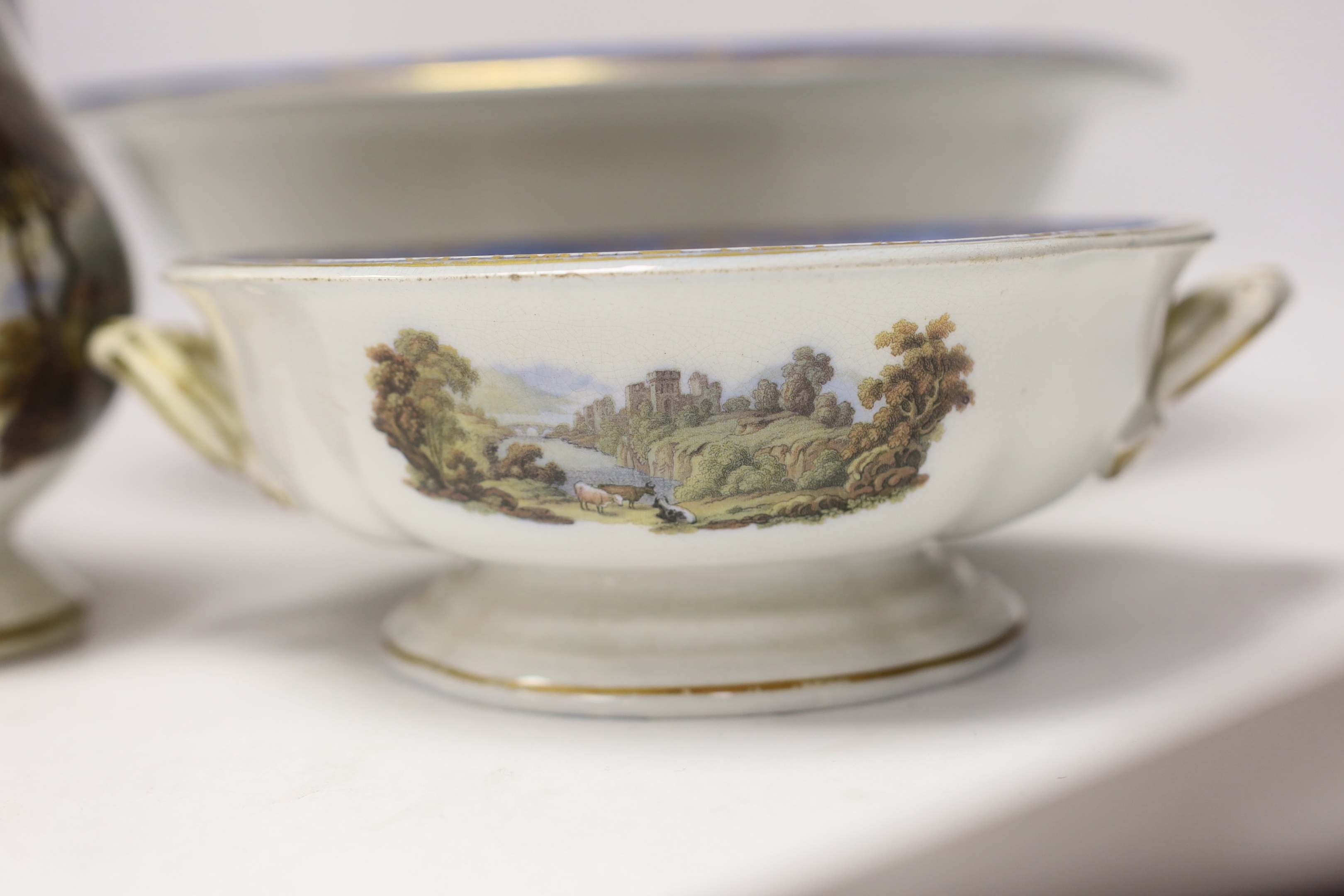 A Victorian F & R Pratt toilet set, comprising a basin, jug and shaving bowl, jug 22.5cm